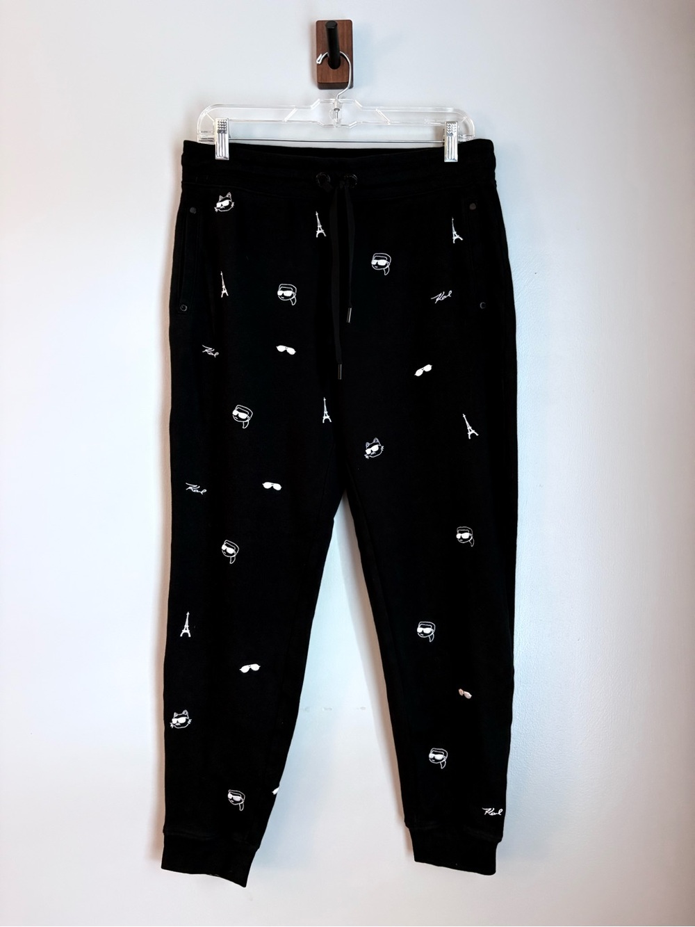 Karl Lagerfeld Paris Medium Black All Over Embroidered Print Joggers Sweatpants